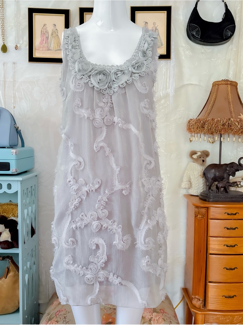 Fairy whimsigoth boho romantic girly rosette appliqué silk blend grey dress